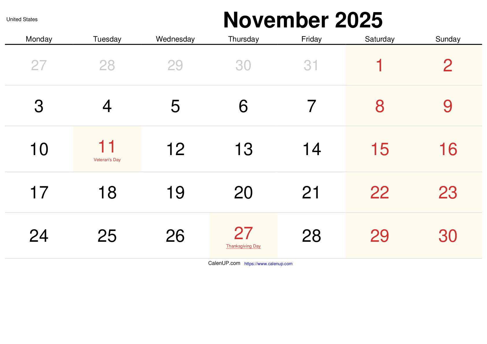 November 2025 Calendar