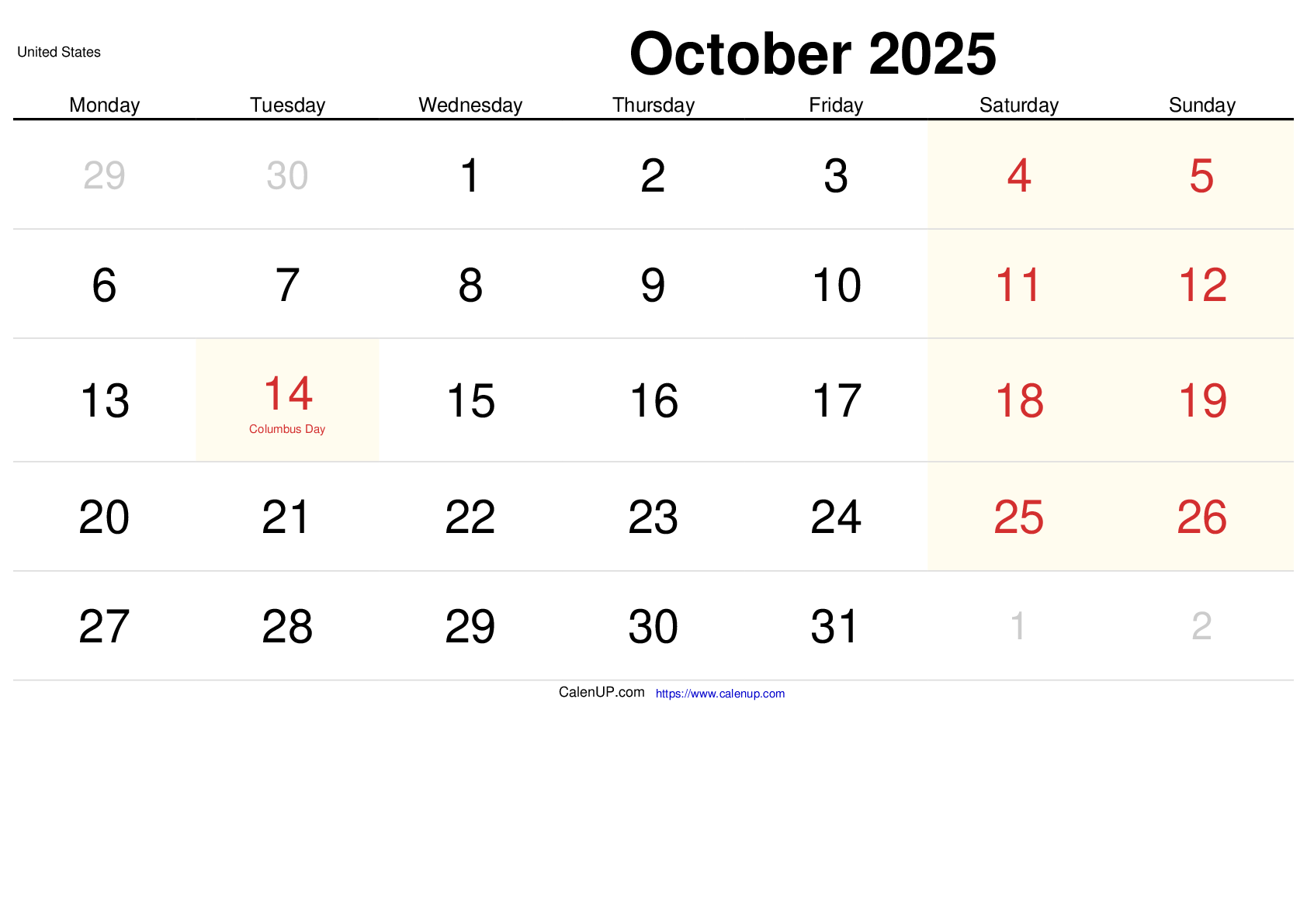 October 2025 Calendar