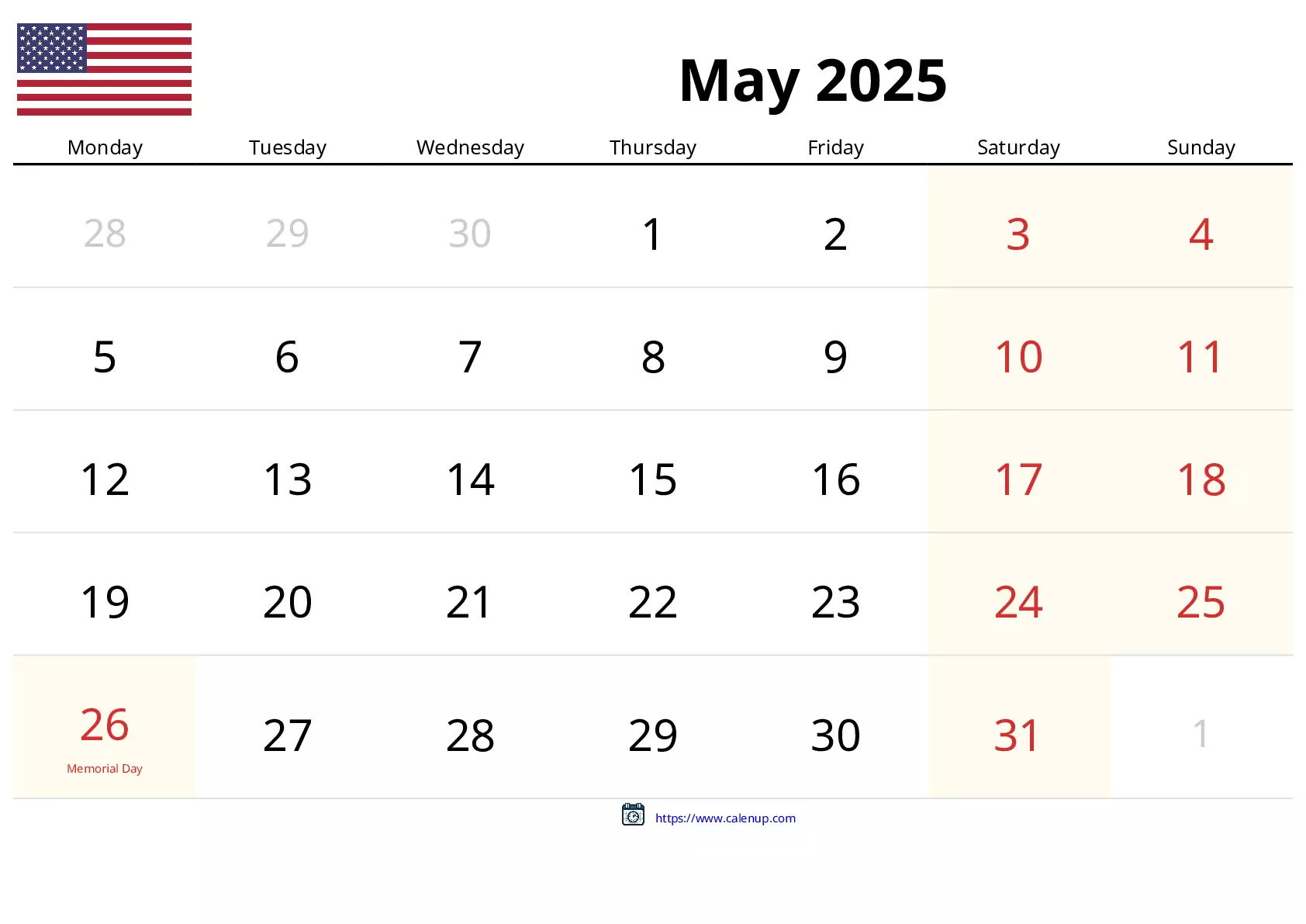 May 2025 Calendar Printable for United States CalenUP