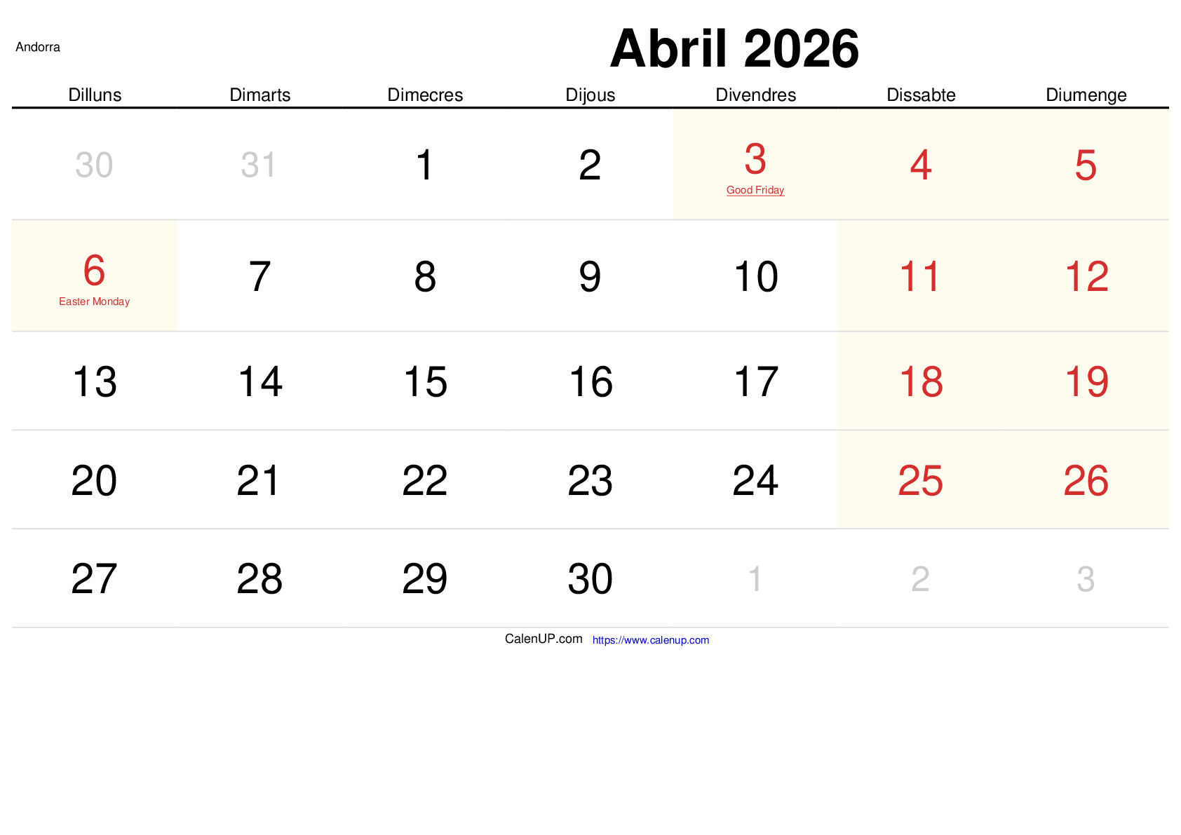 Calendari Abril 2026