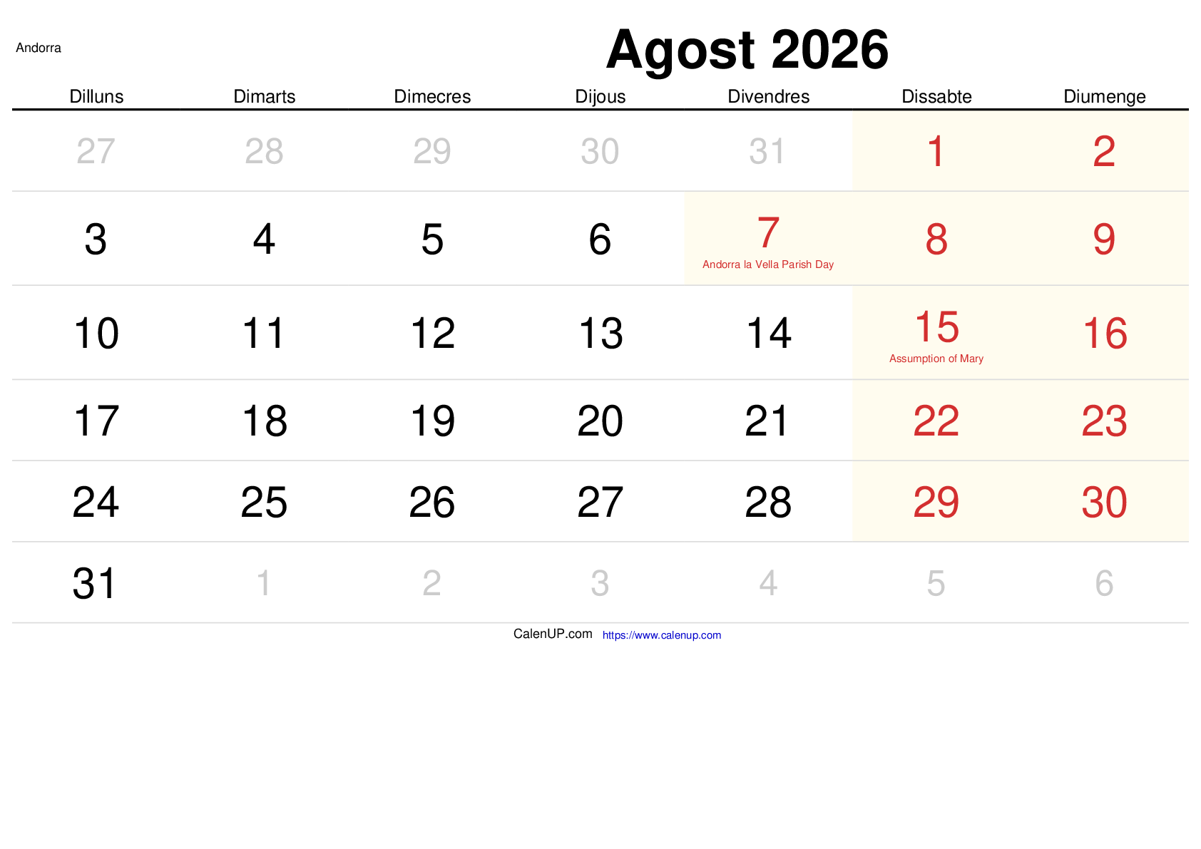 Calendari Agost 2026