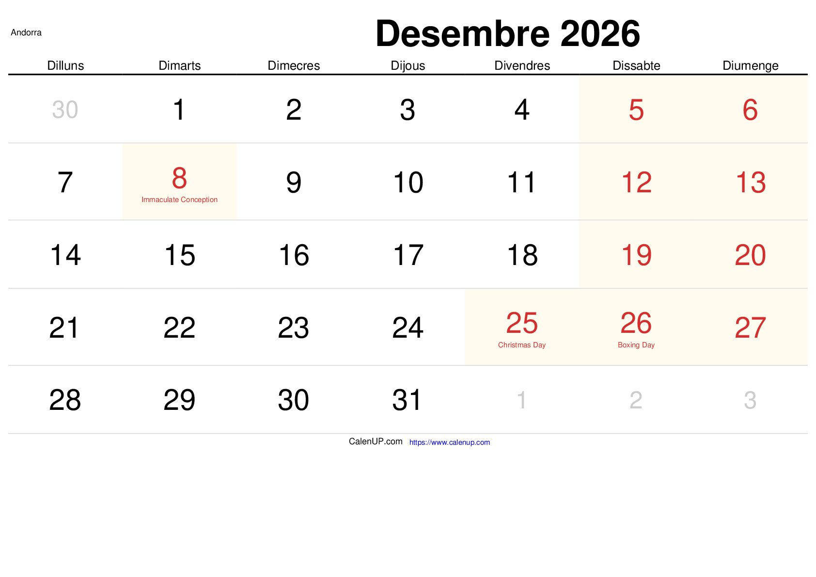 Calendari Desembre 2026