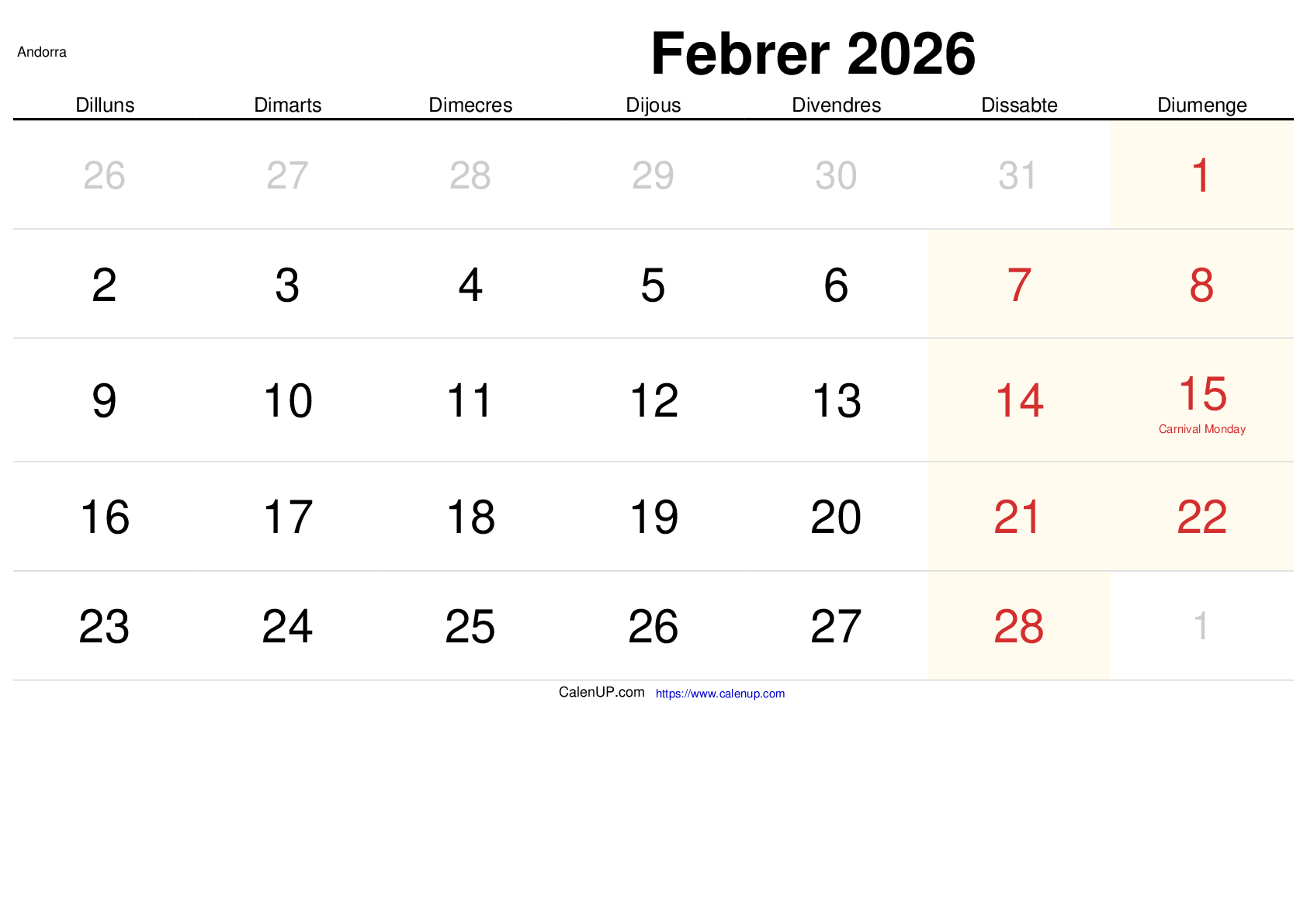 Calendari Febrer 2026