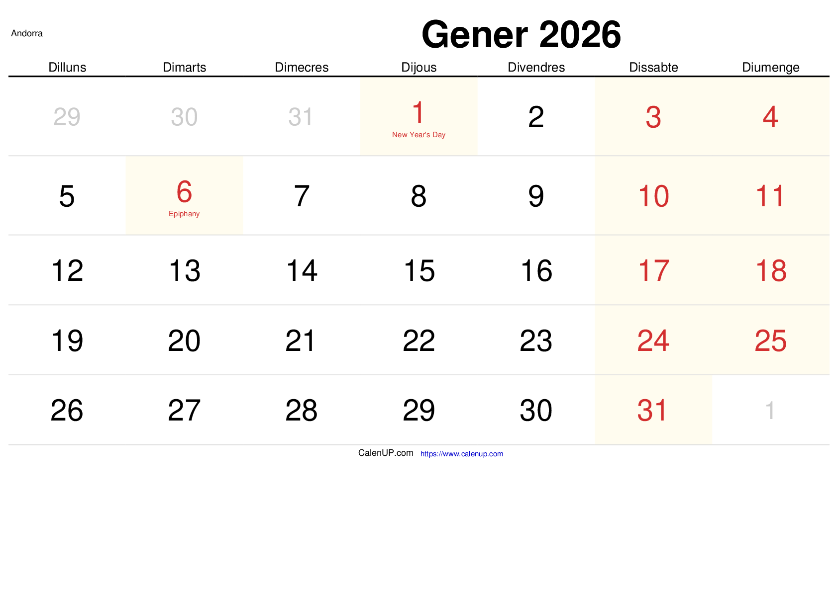 Calendari Gener 2026