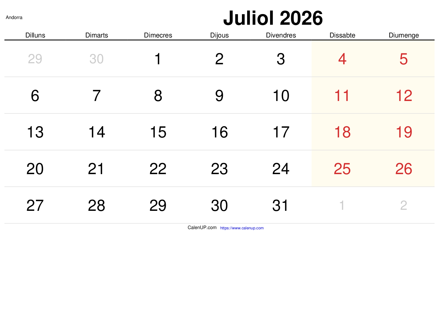 Calendari Juliol 2026