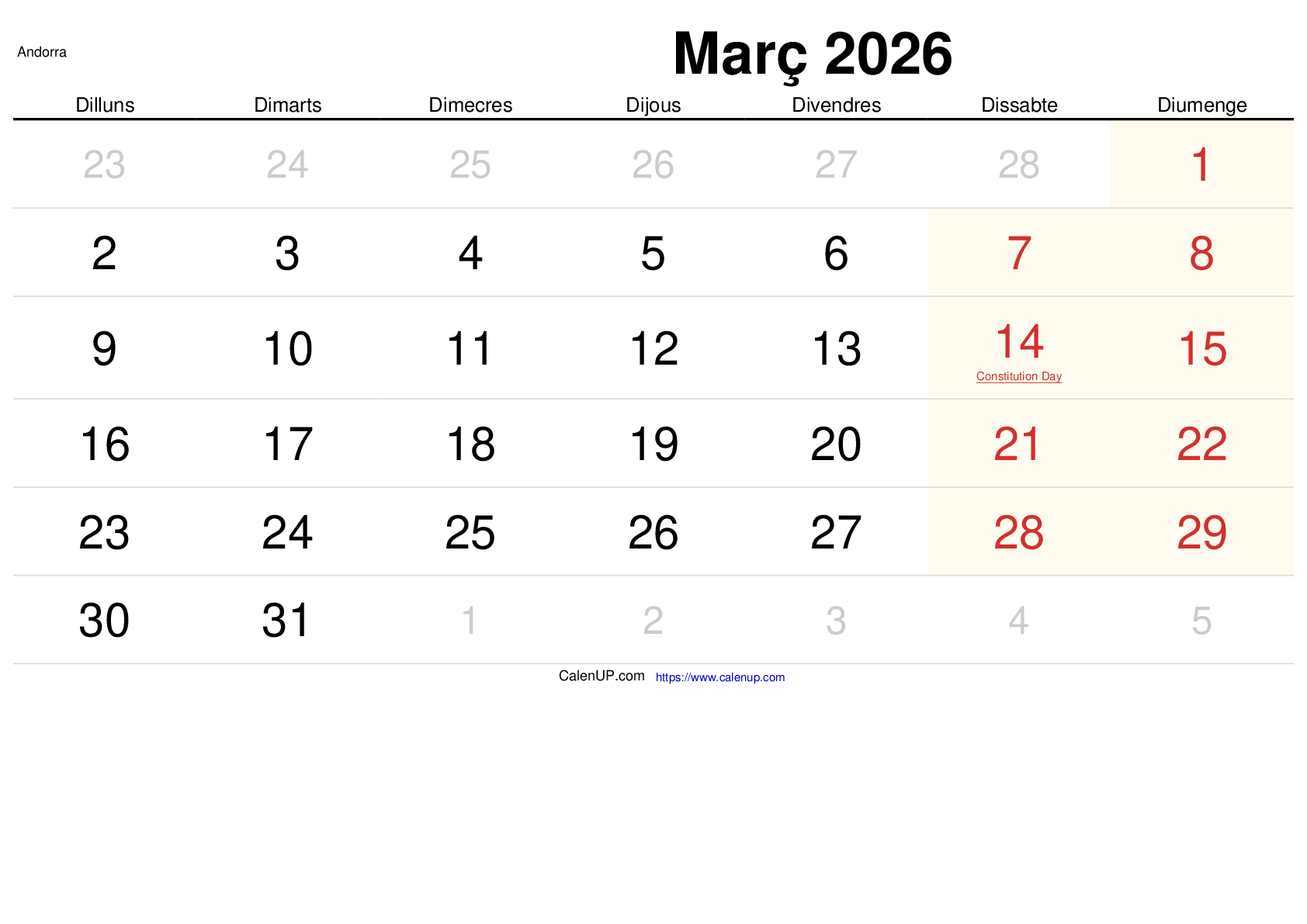 Calendari Març 2026