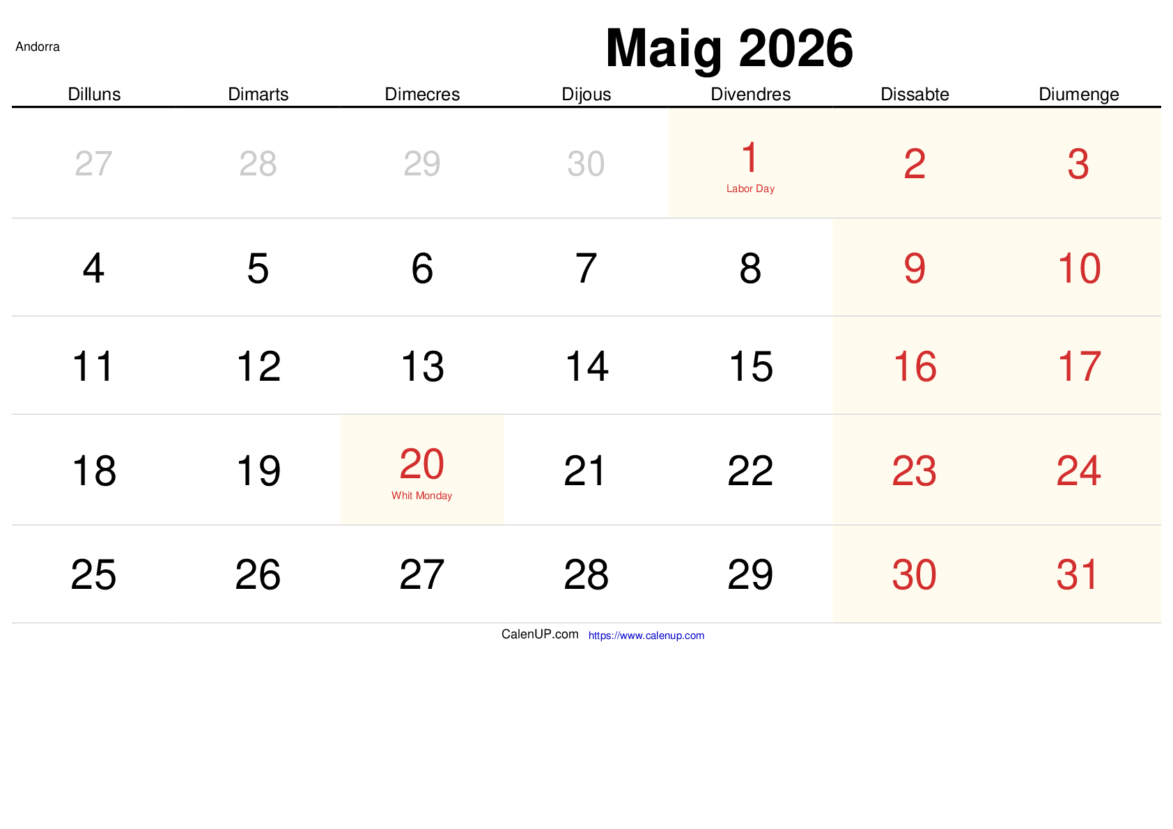 Calendari Maig 2026