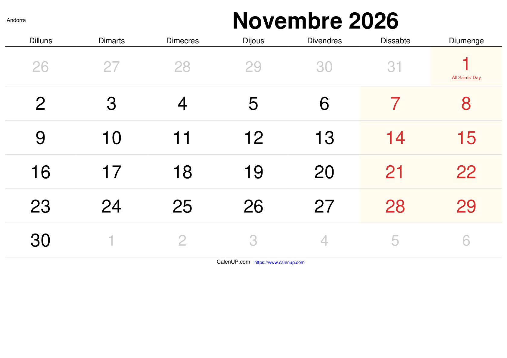 Calendari Novembre 2026