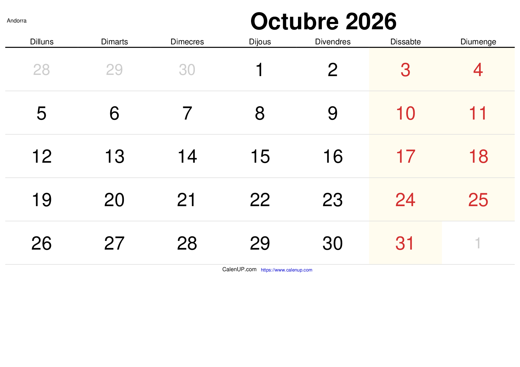 Calendari Octubre 2026