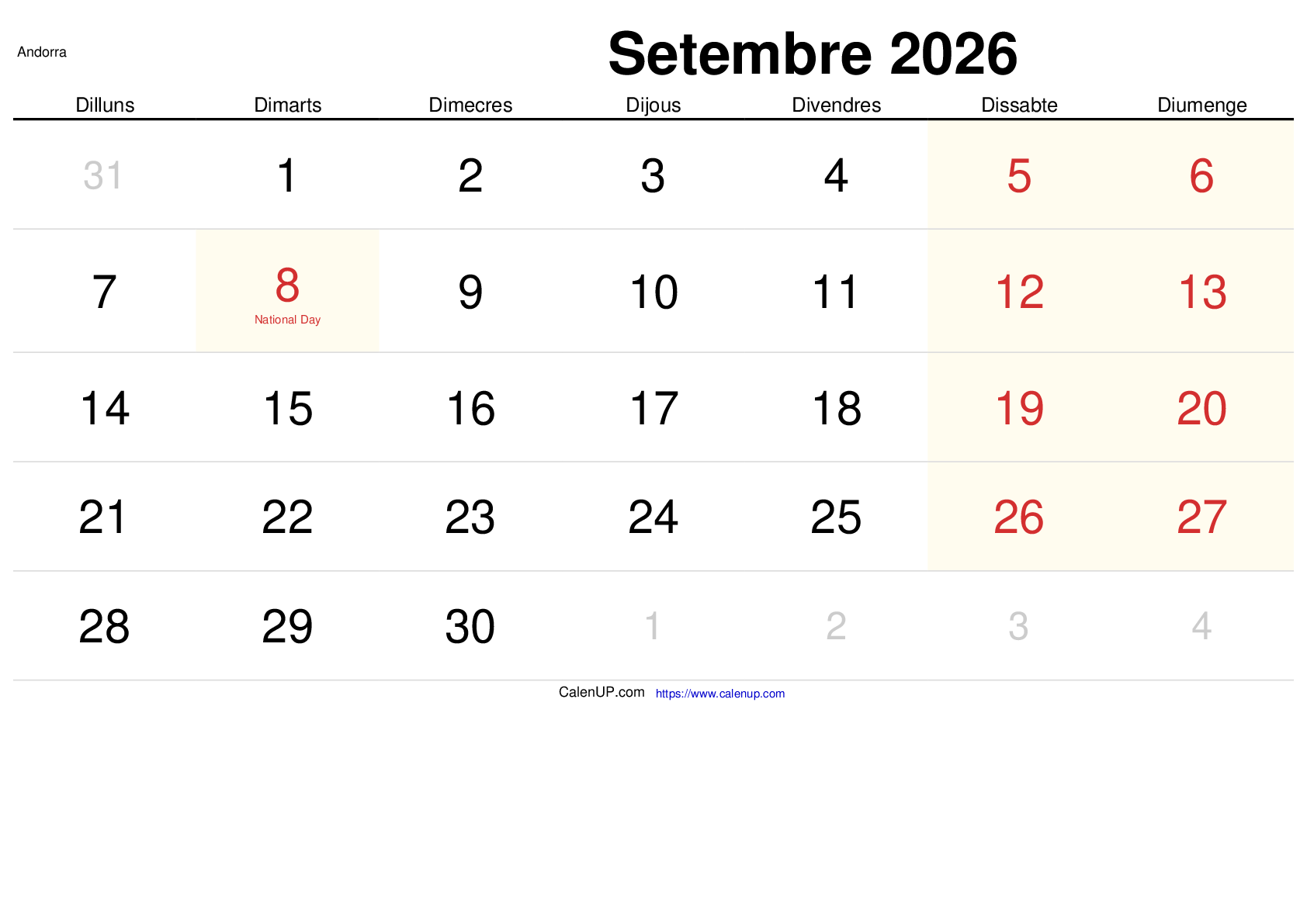 Calendari Setembre 2026