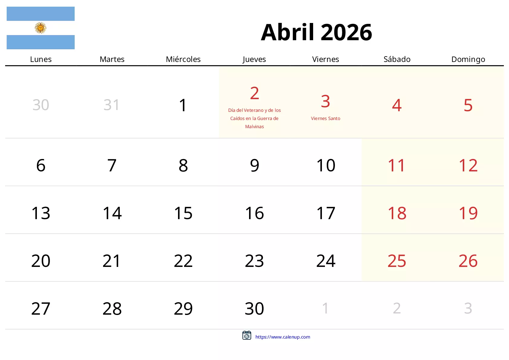 Calendario de Abril de 2026 para Argentina - Festivos y PDF gratis para ...