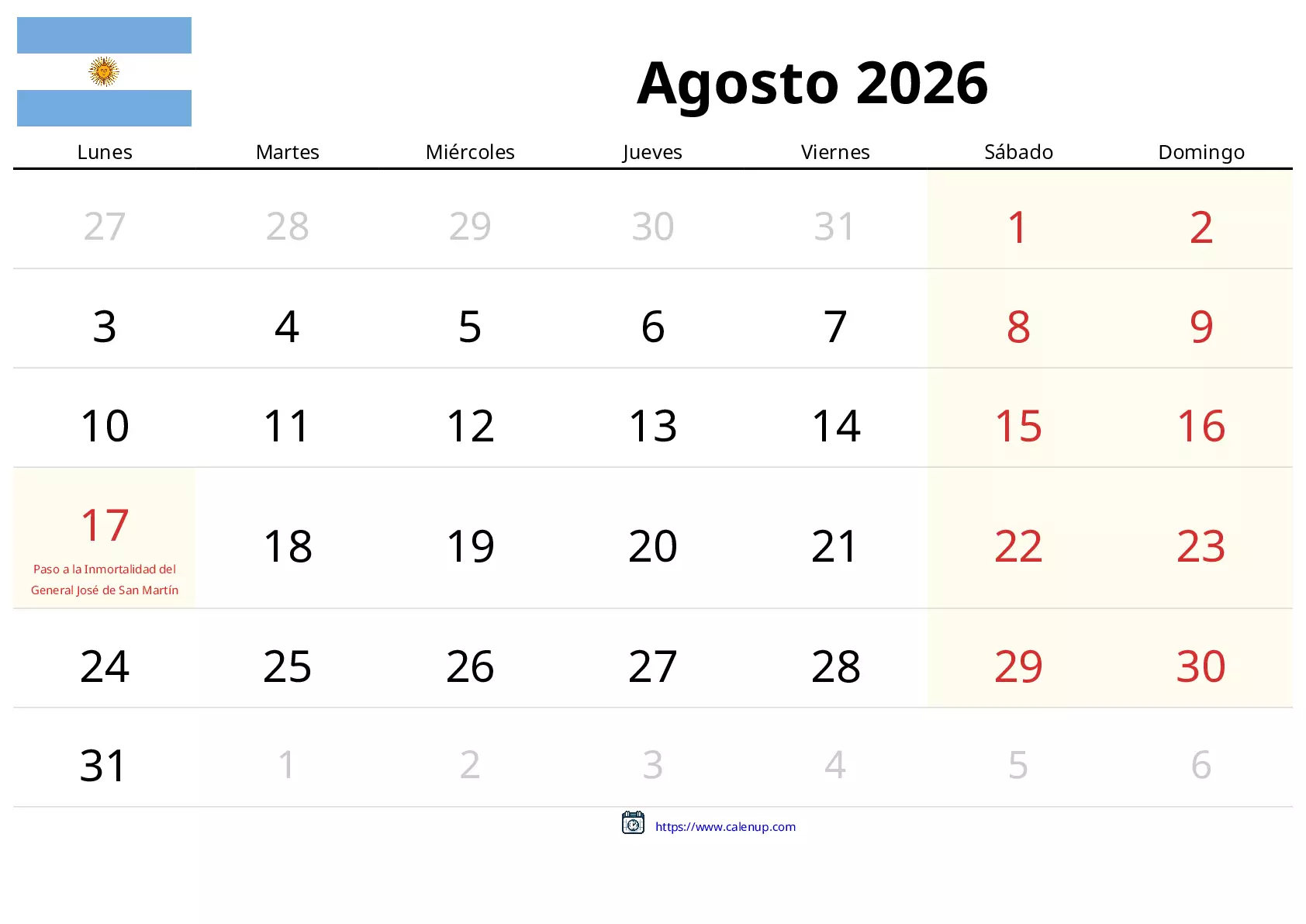 Calendario de Agosto de 2026 (Argentina): Festivos y eventos del mes ...