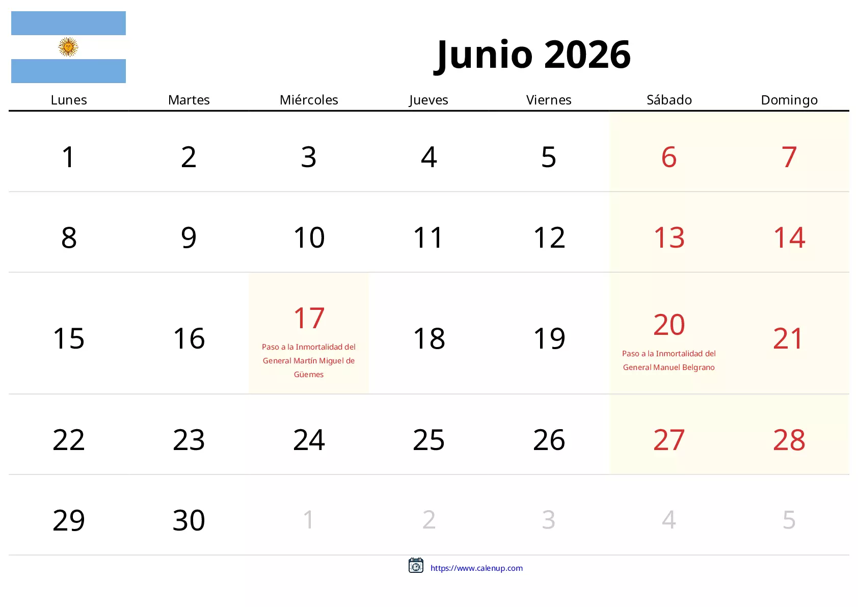 Calendario de Junio de 2026 para Argentina - Festivos y PDF gratis para ...