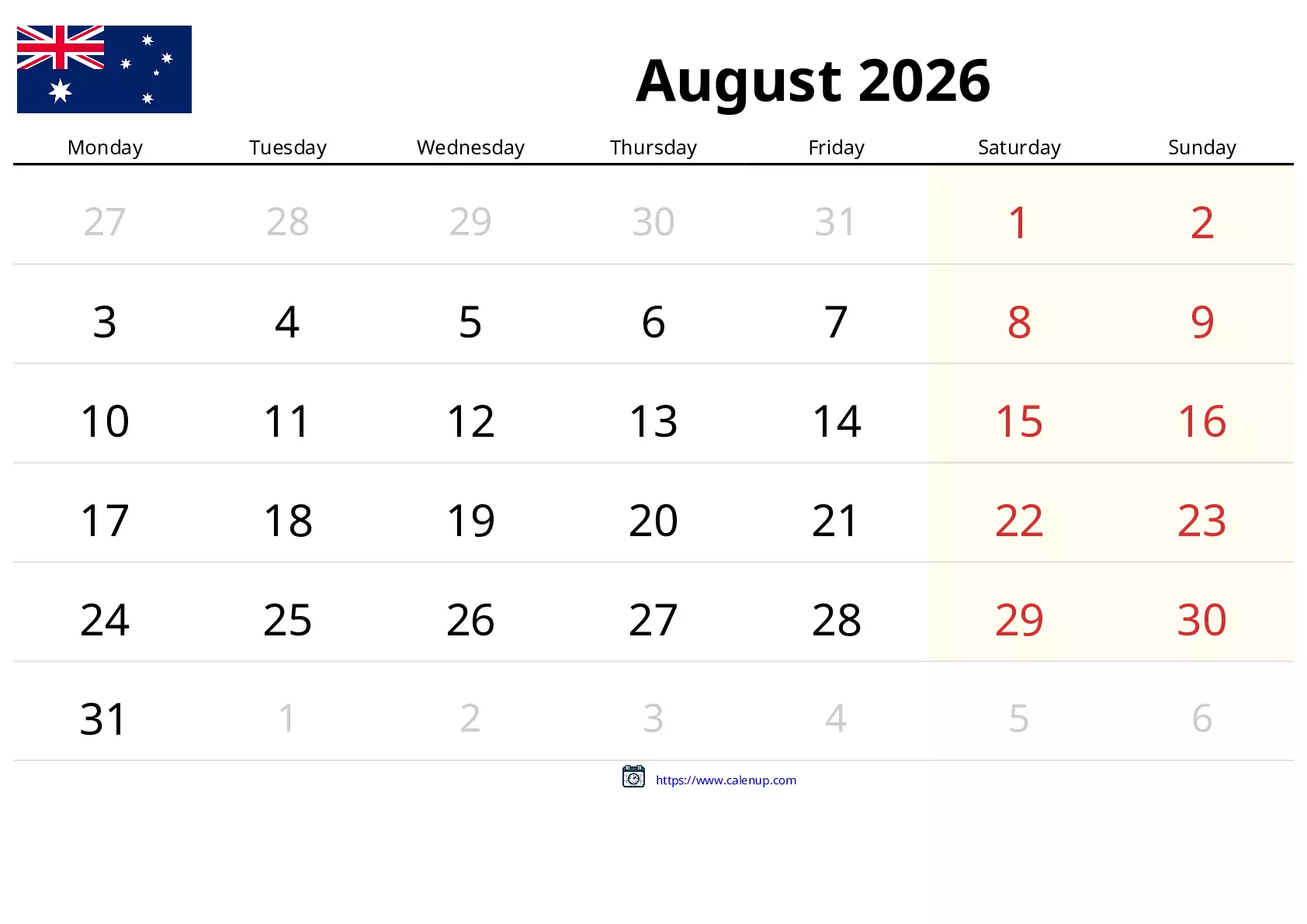Agosto 2026 Calendario Stampabile per Australia CalenUP