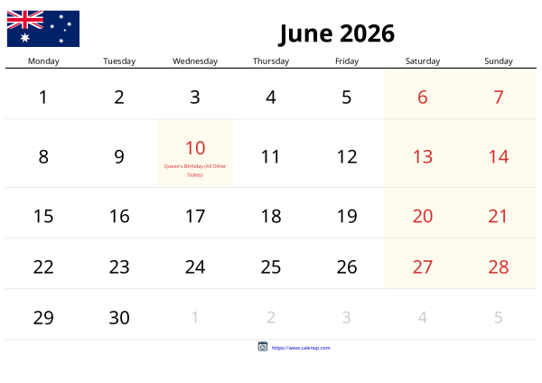 June 2026 Calendar for Australia - Holidays and Free Printable PDF