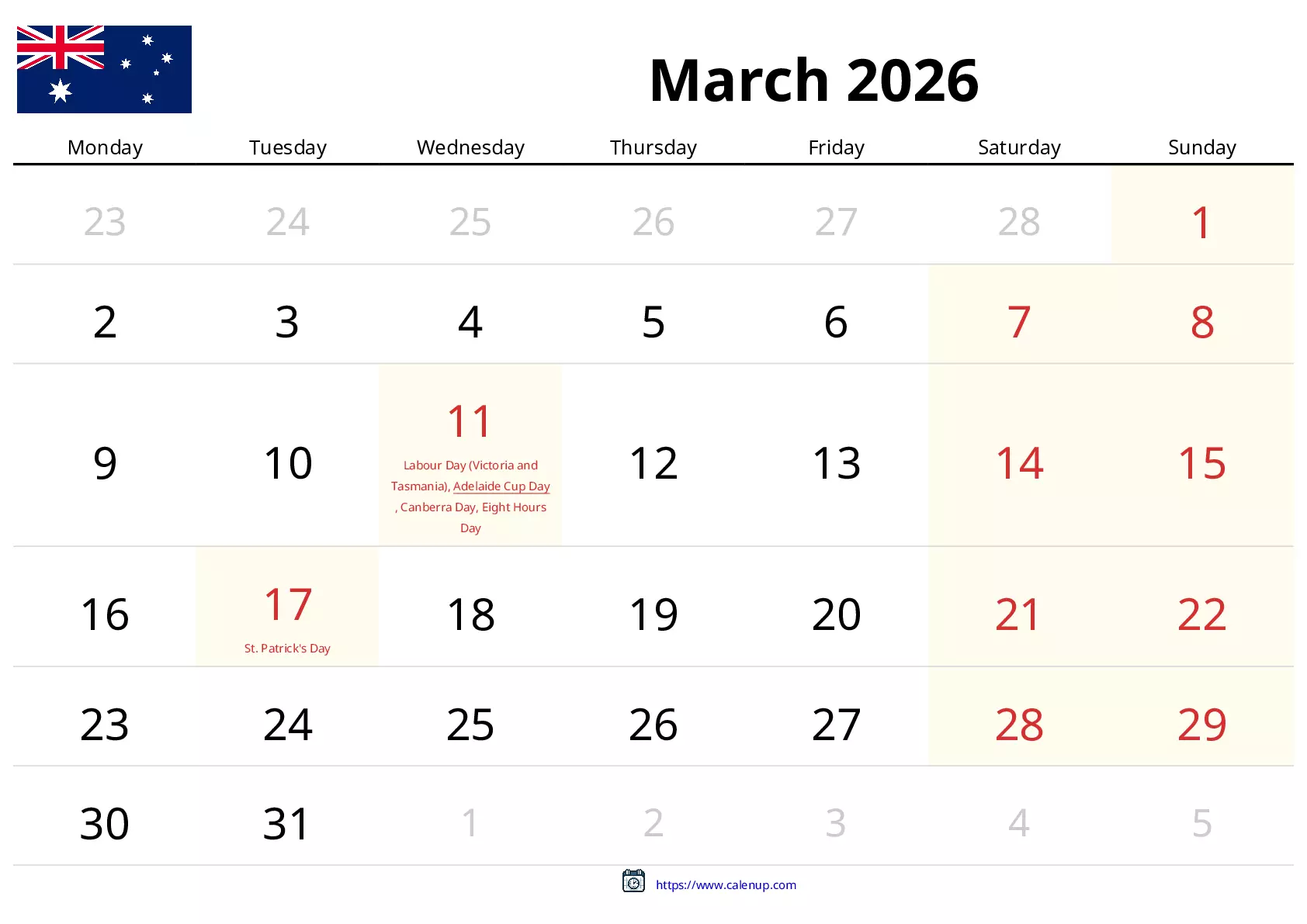 Marzo 2026 Calendario Stampabile per Australia CalenUP