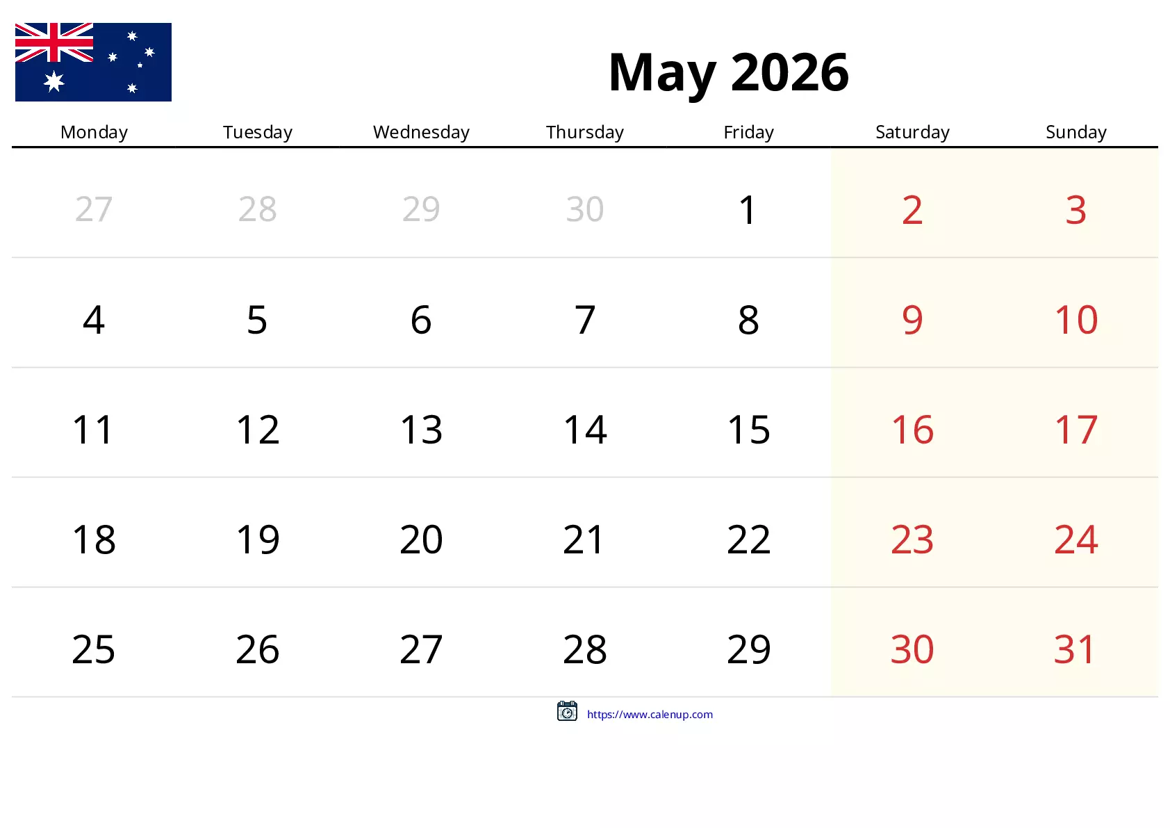 Maggio 2026 Calendario Stampabile per Australia CalenUP