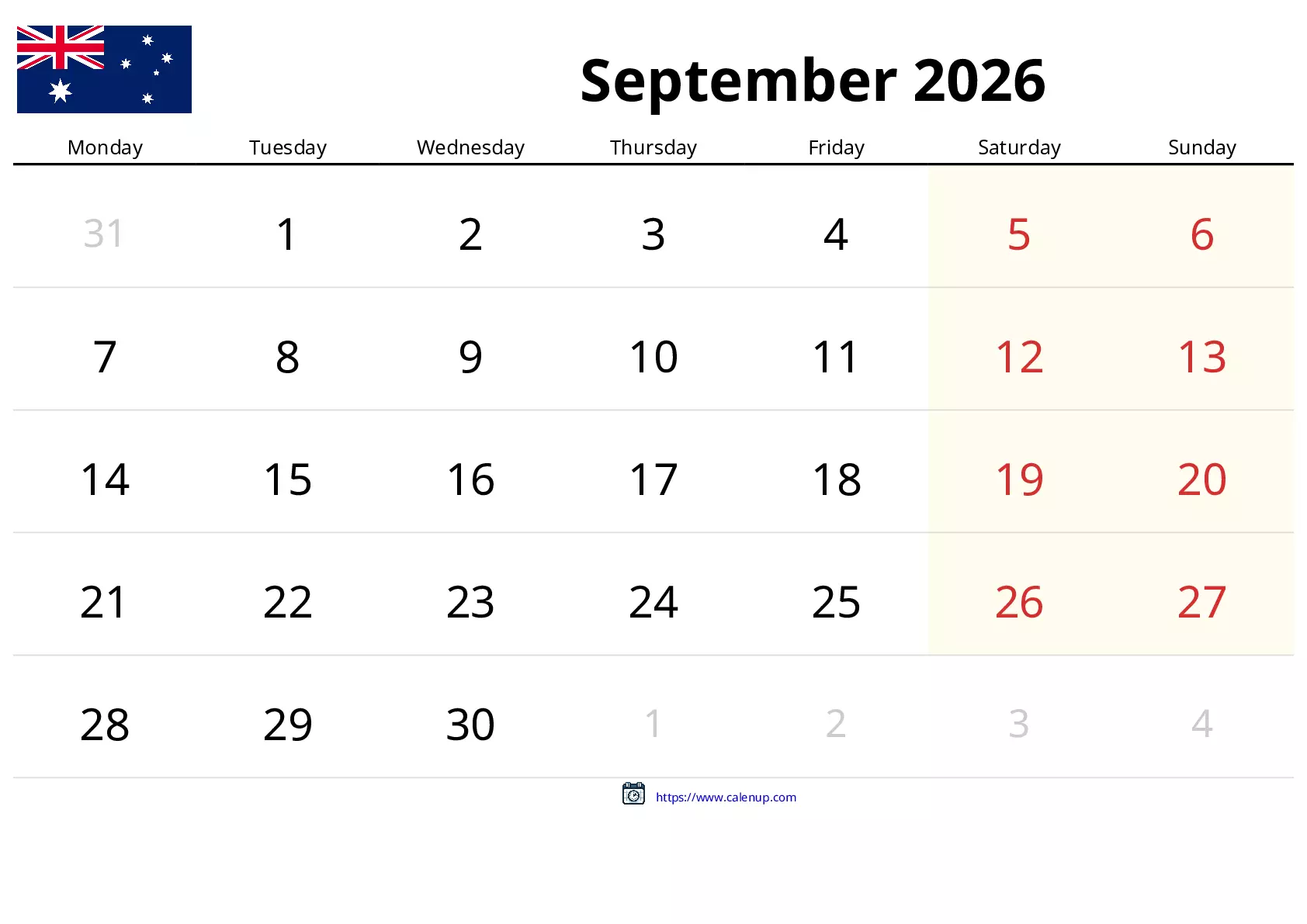 September 2026 Calendar for Australia - Holidays and Free Printable PDF