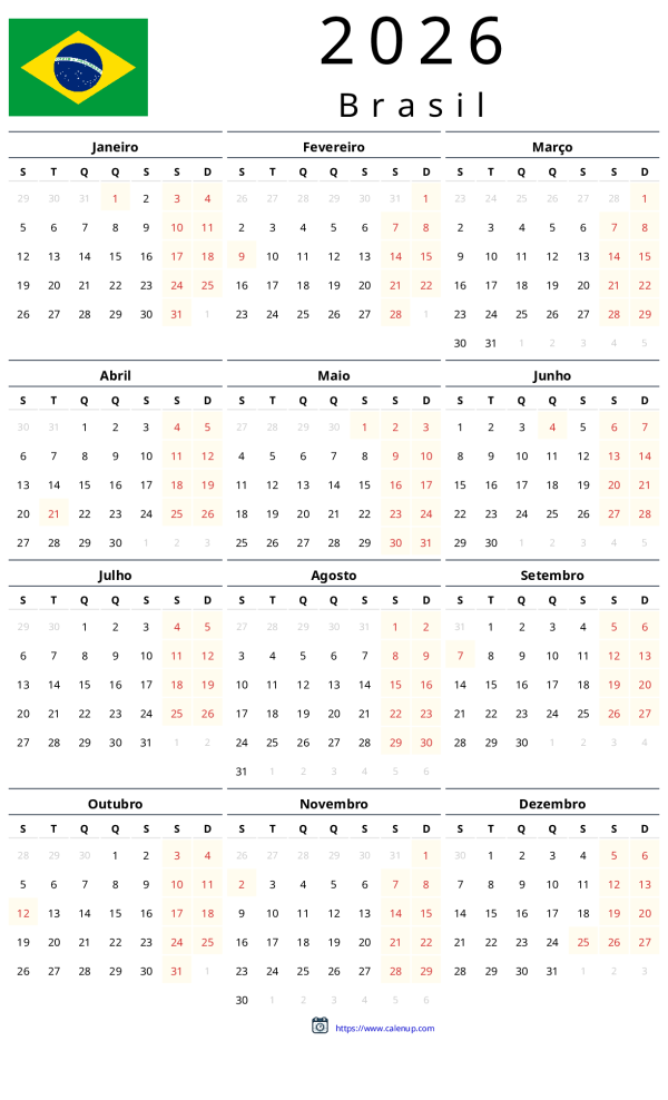 Calendário 2026 com Feriados para Brasil – PDF e Excel Imprimíveis ...