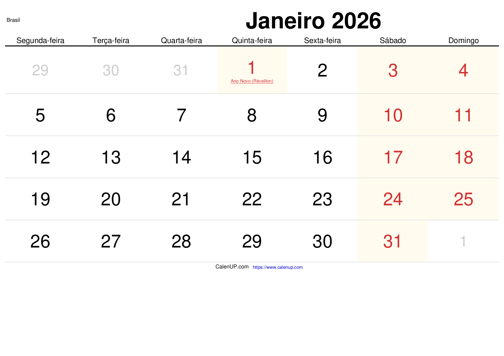 Januar 2026 Kalender