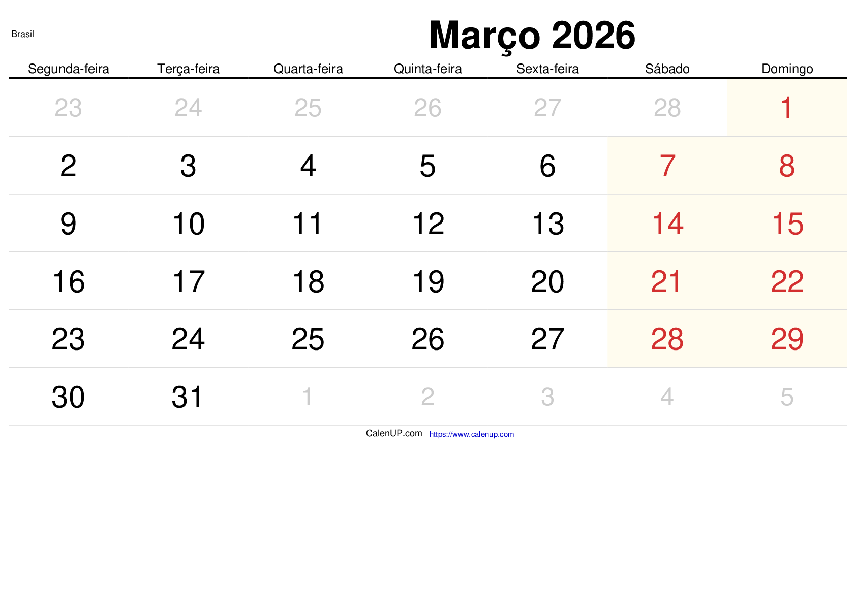 Mars 2026 Kalender