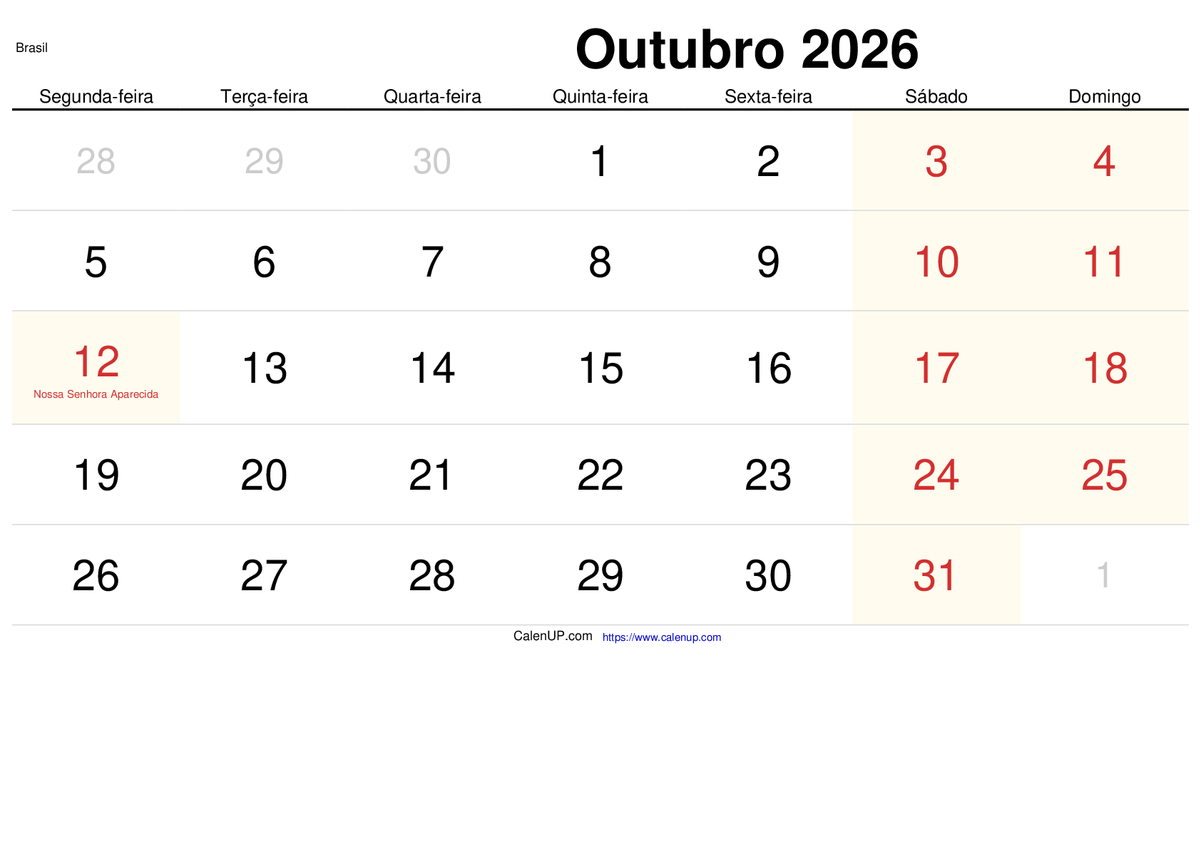 Oktober 2026 Kalender