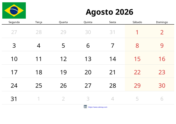 Calendário de Janeiro de 2026 para Brasil - Feriados e PDF Grátis para ...