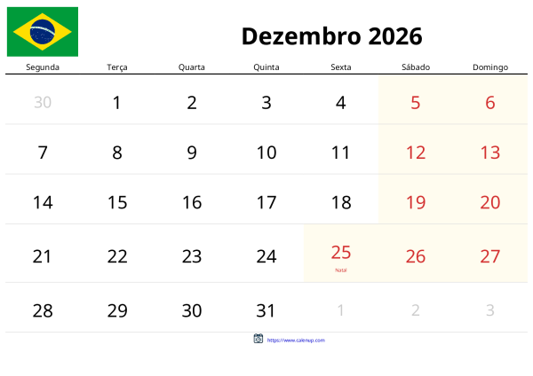 Calendário 2026 com Feriados para Brasil – PDF e Excel Imprimíveis ...