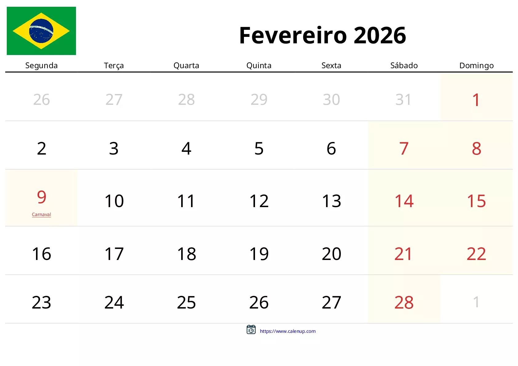 Calendário de Fevereiro de 2026 para Brasil - Feriados e PDF Grátis ...