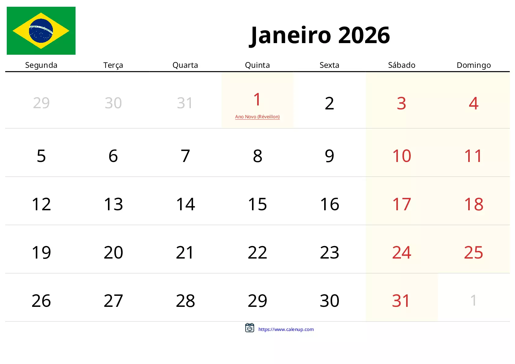 Calendário de Janeiro de 2026 para Brasil - Feriados e PDF Grátis para ...