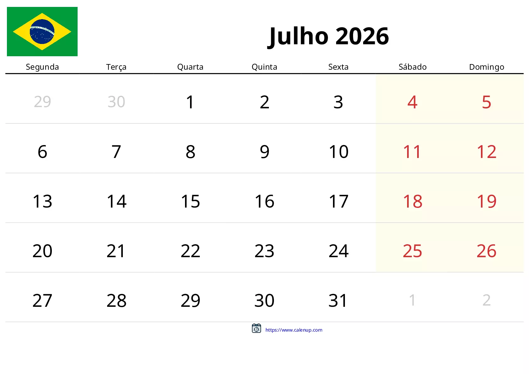 Calendário de Julho de 2026 para Brasil - Feriados e PDF Grátis para ...