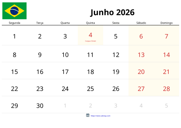 Calendário de Junho de 2026 para Brasil - Feriados e PDF Grátis para ...