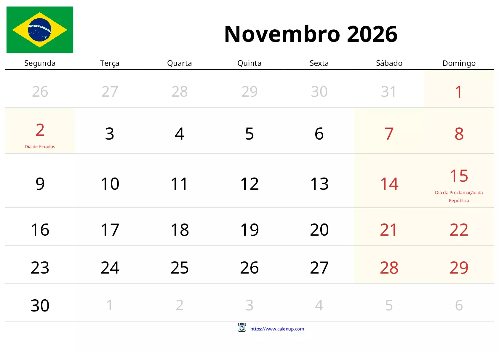 Calendário de Novembro de 2026 para Brasil - Feriados e PDF Grátis para ...