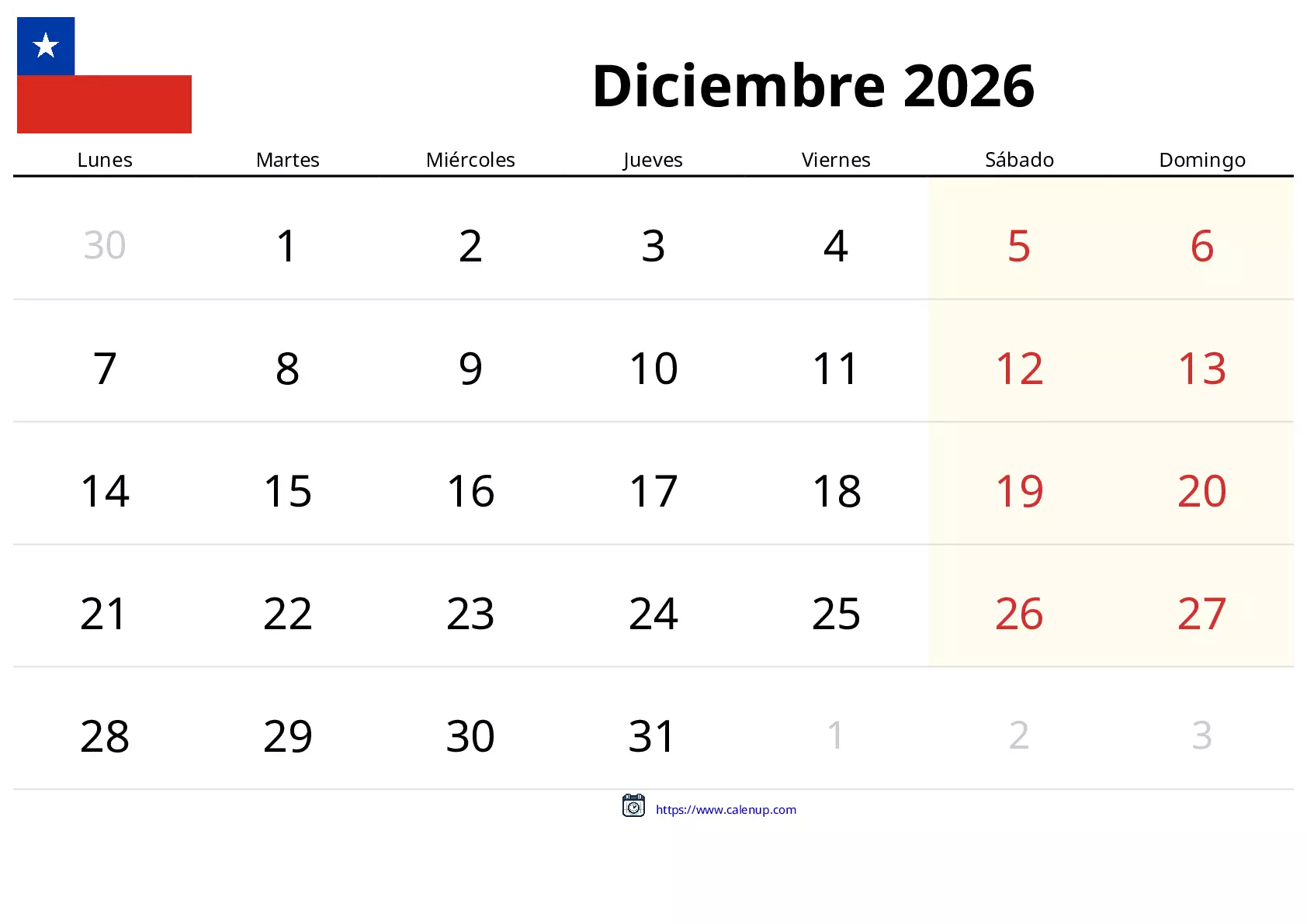 Calendario de Diciembre de 2026 para Chile - Festivos y PDF gratis para ...