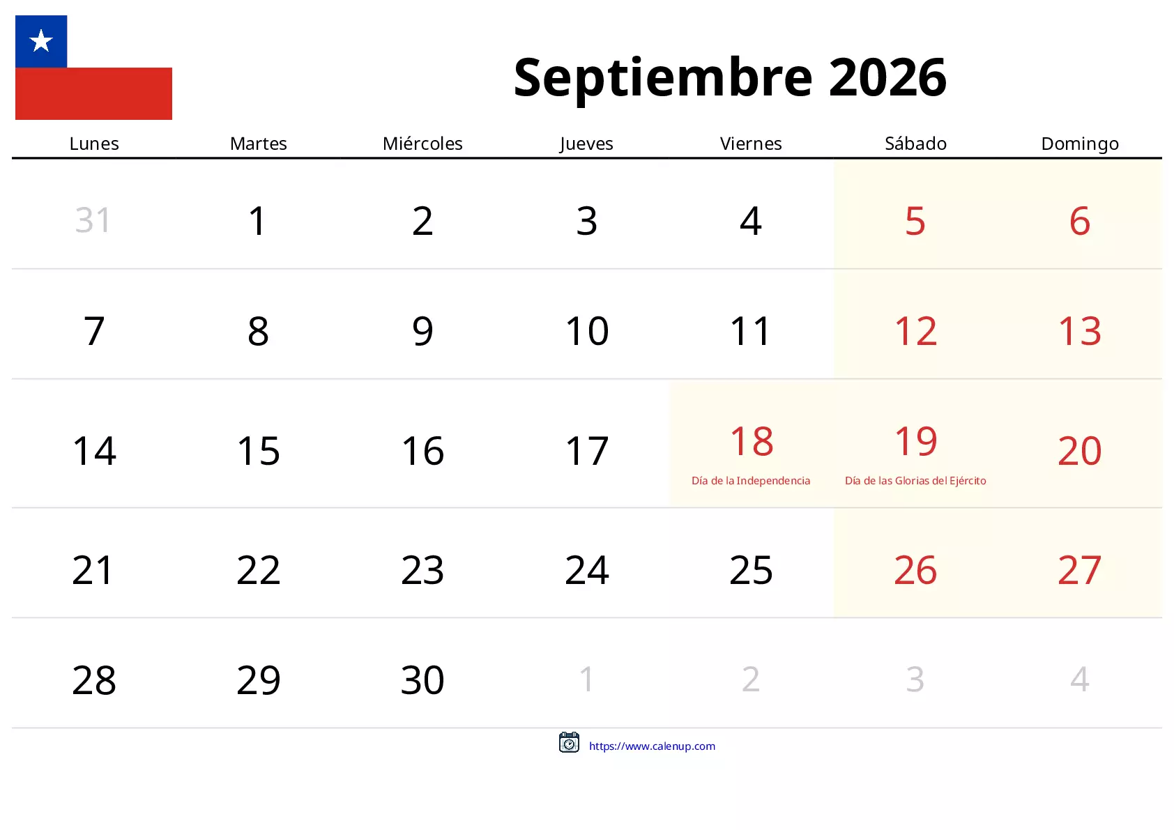 Calendario de Septiembre de 2026 para Chile - Festivos y PDF gratis ...
