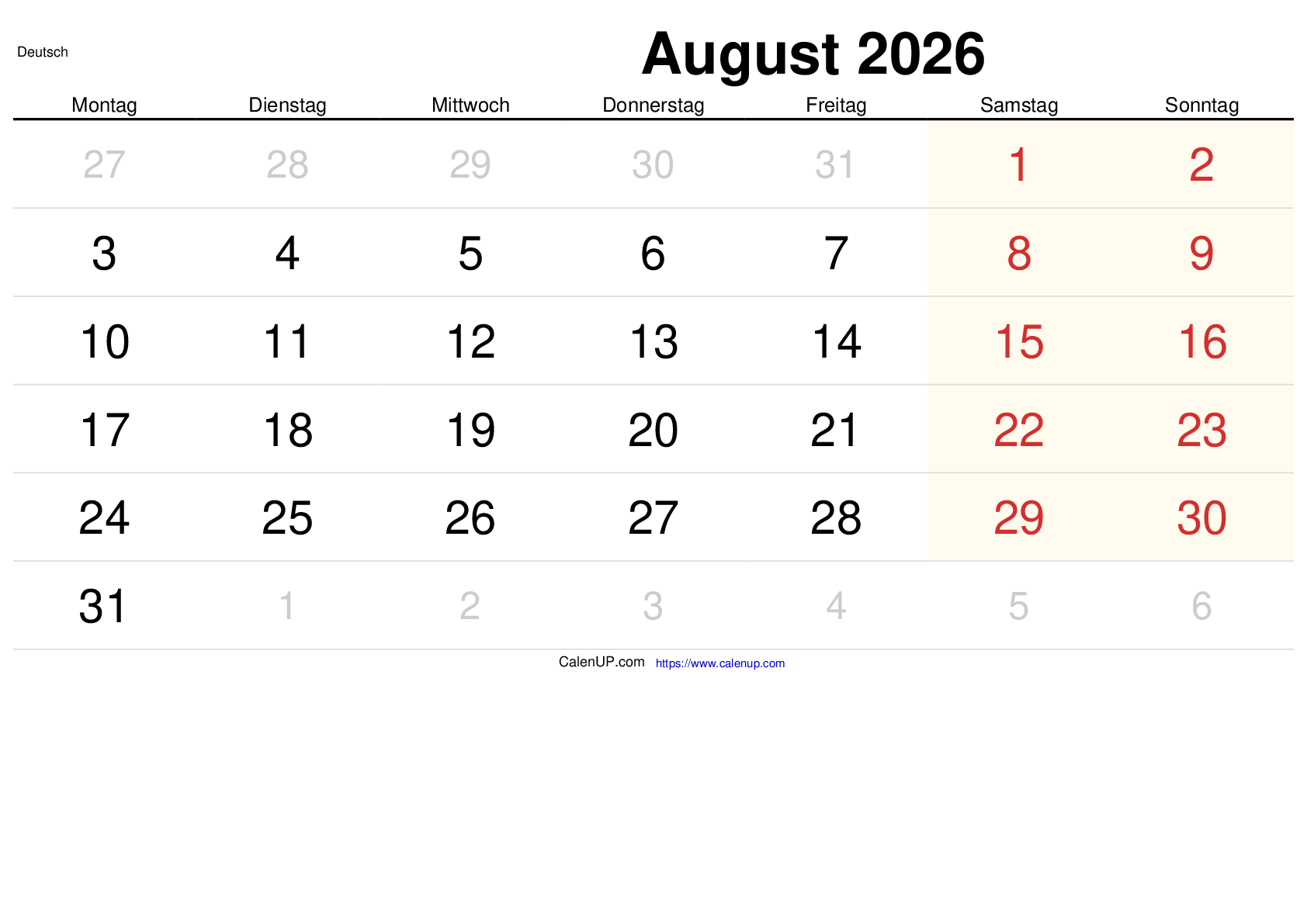 August 2026 Kalender