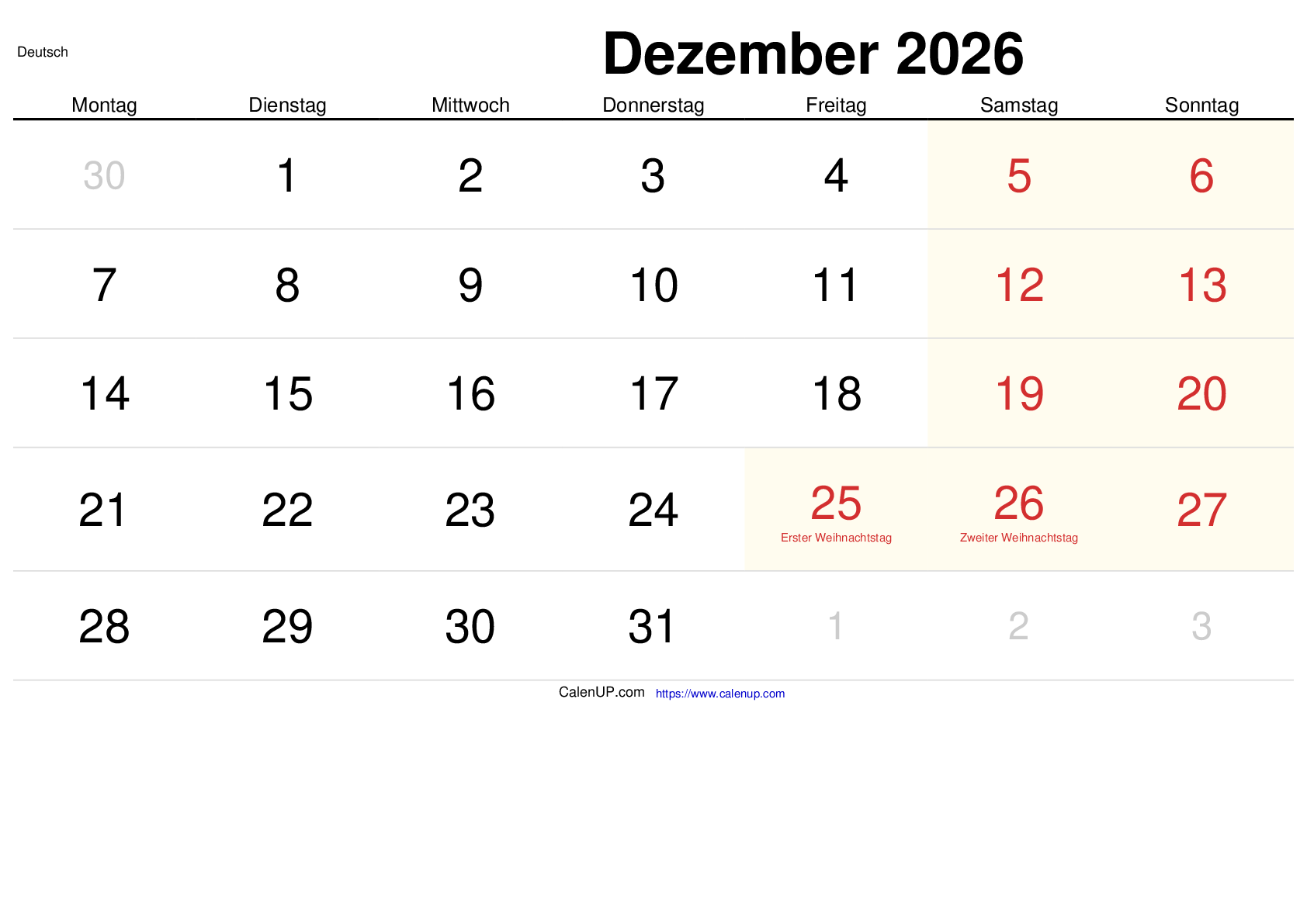 Dezember 2026 Kalender