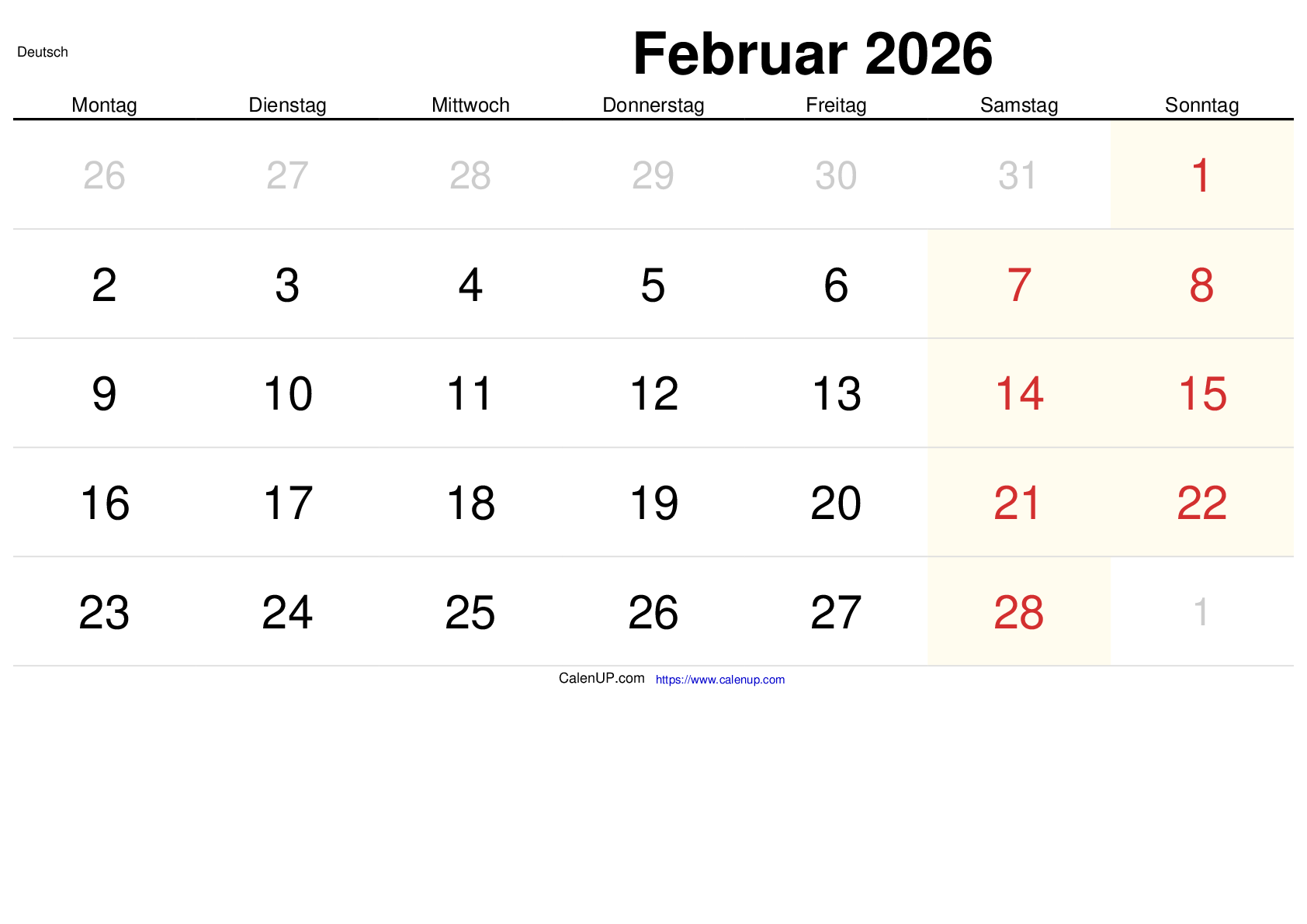 Februar 2026 Kalender