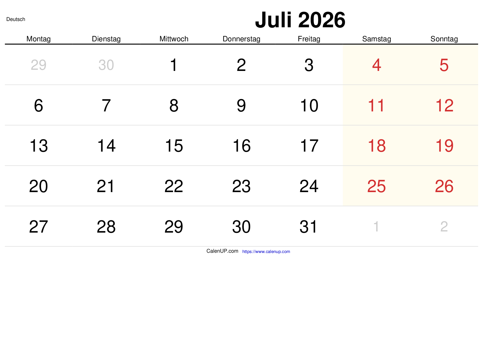 Juli 2026 Kalender