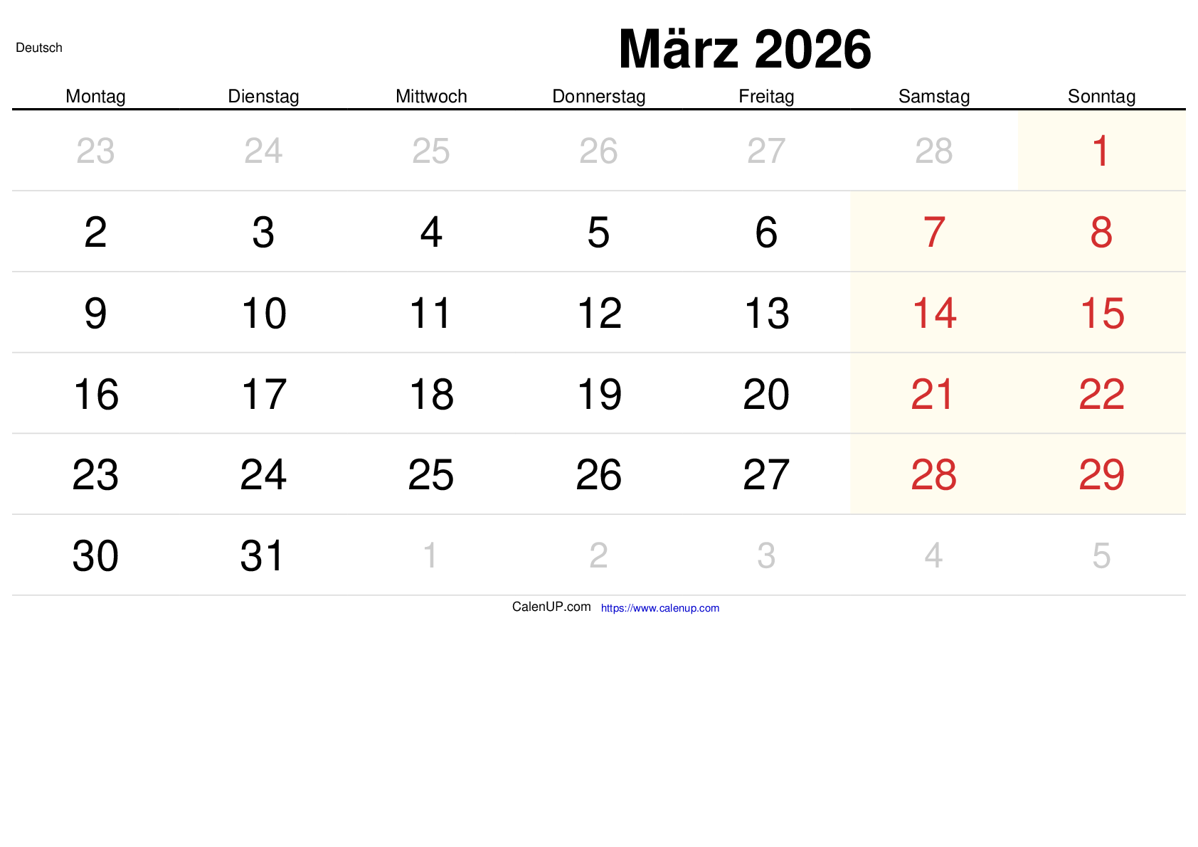 März 2026 Kalender