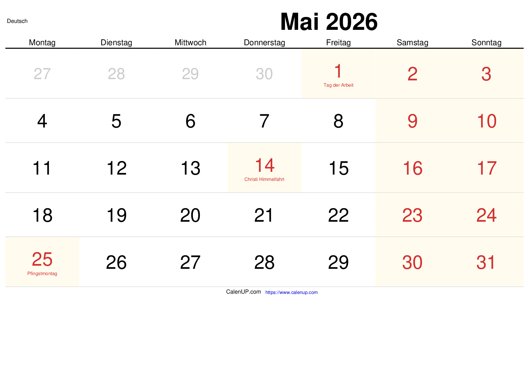 Mai 2026 Kalender