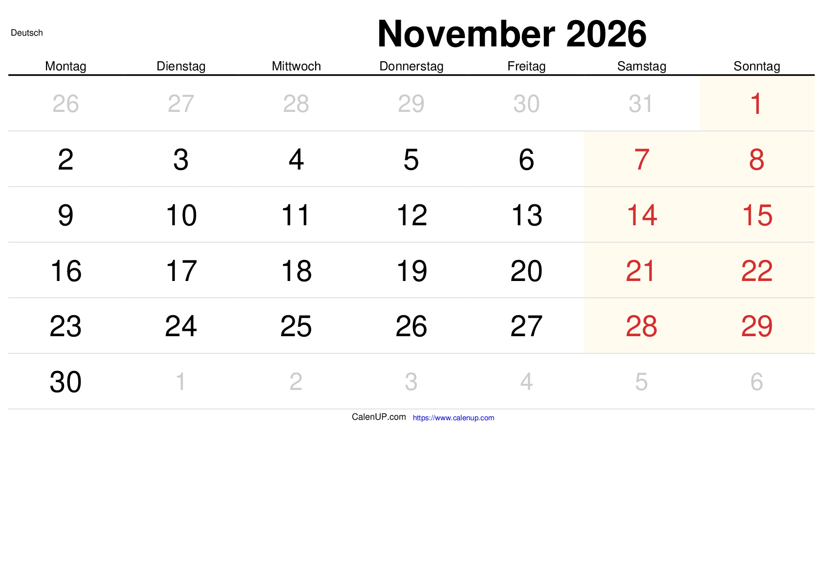 November 2026 Kalender