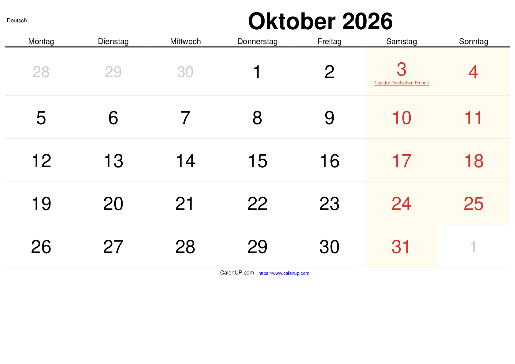 Oktober 2026 Kalender