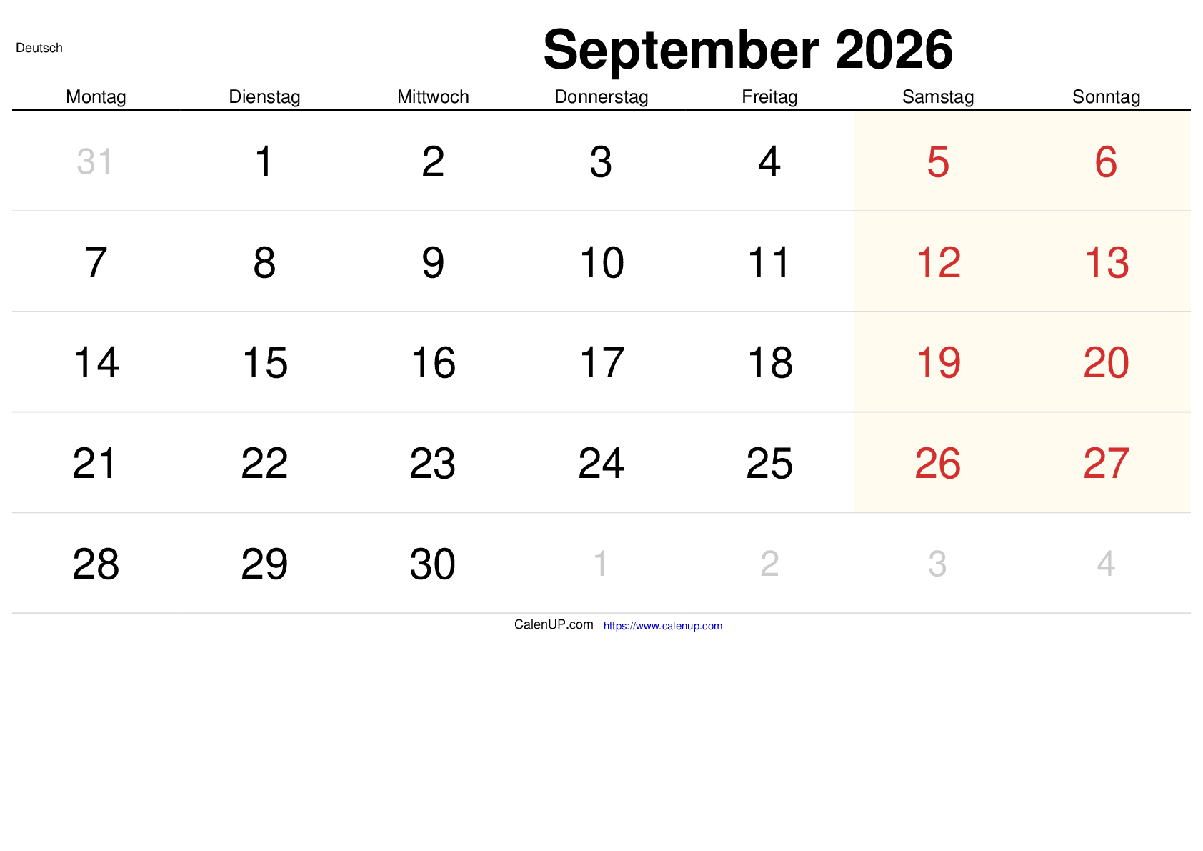 September 2026 Kalender