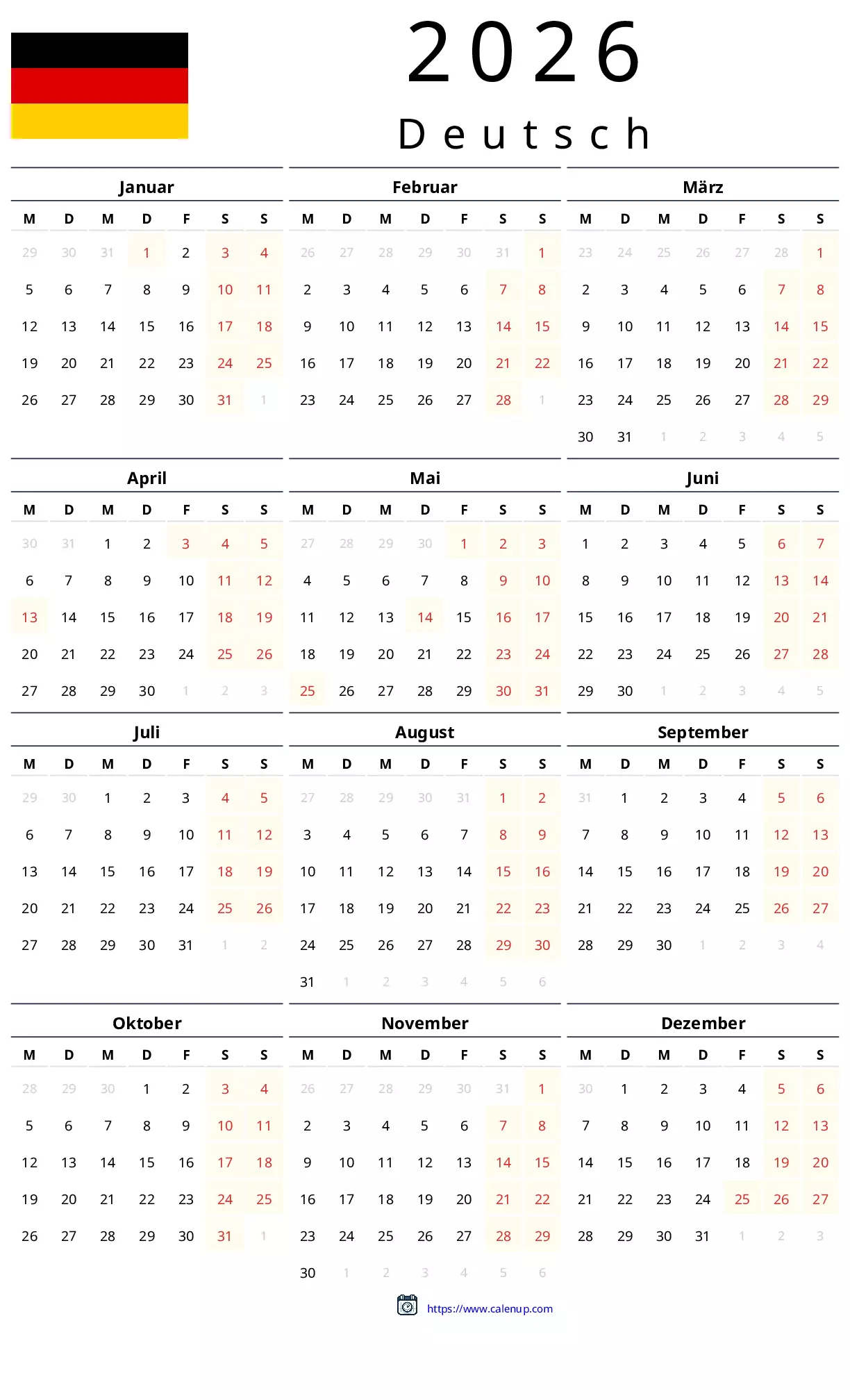Kalender 2026 mit Feiertagen für Deutschland – Druckbares PDF und Excel