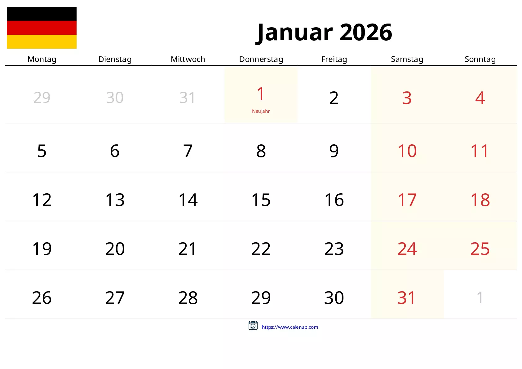 kalender januar 2026 zum ausdrucken