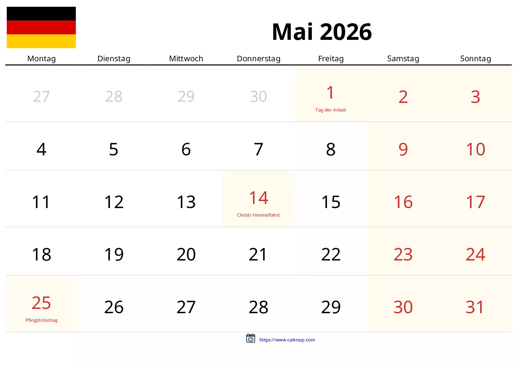 May 2026 Calendar for Germany - Holidays and Free Printable PDF | CalenUP