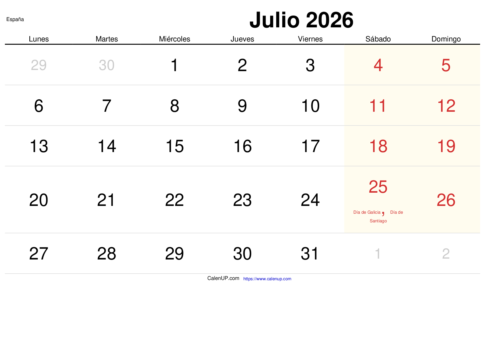 Juli 2026 Kalender