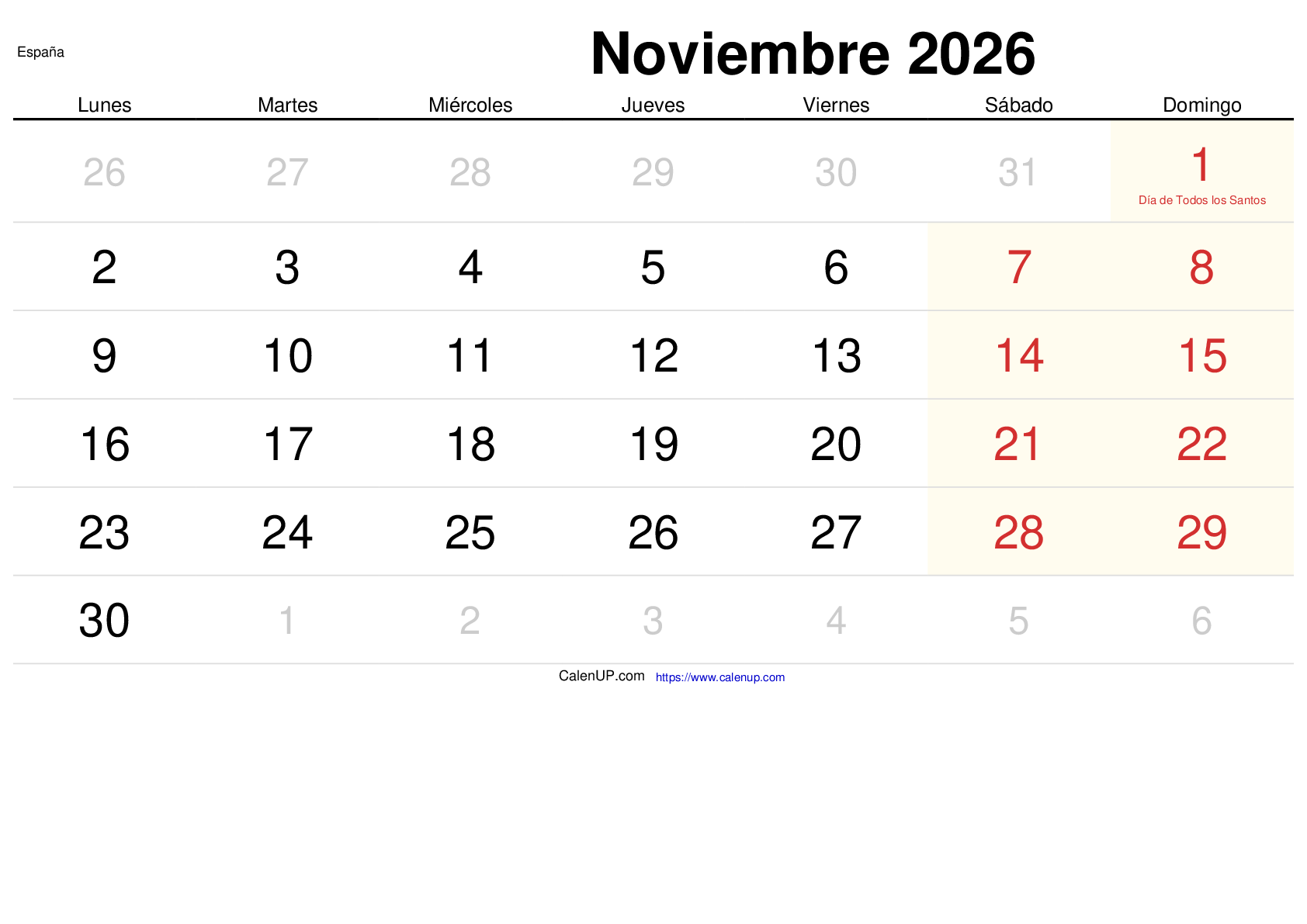 November 2026 Kalender