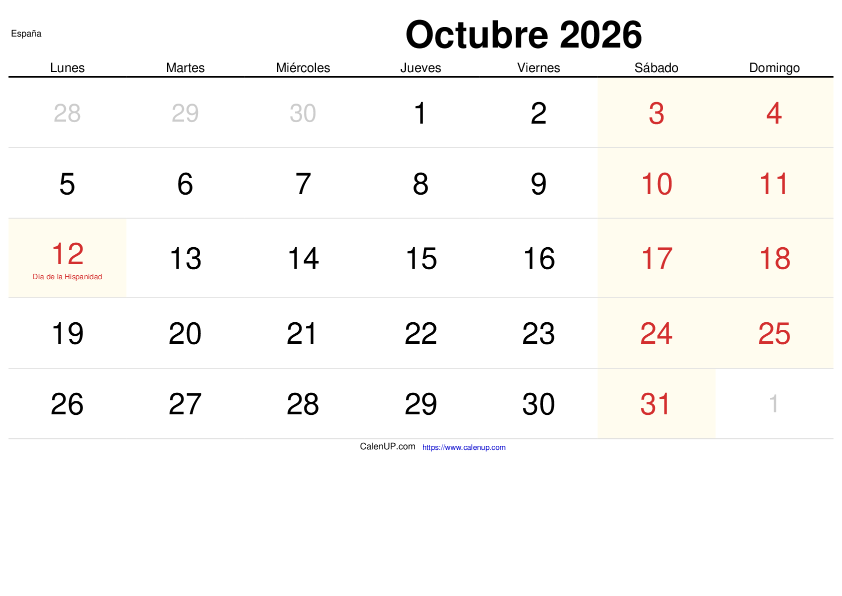 Oktober 2026 Kalender